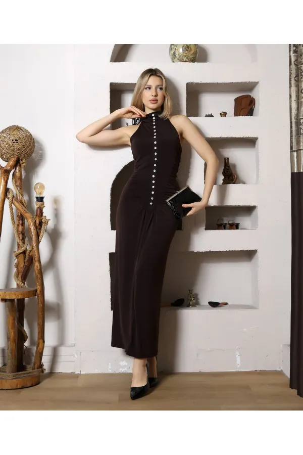 SANDY FULL LİKRALI DÜĞME DETAY ELBİSE