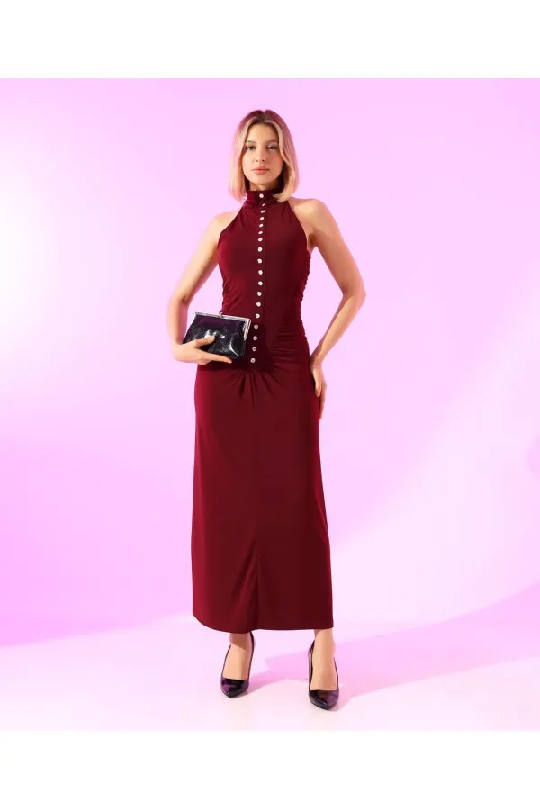 SANDY FULL LİKRALI DÜĞME DETAY ELBİSE