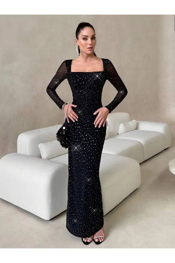 TAŞLI DİZAYN MAXİ ELBİSE