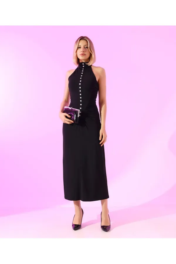 SANDY FULL LİKRALI DÜĞME DETAY ELBİSE