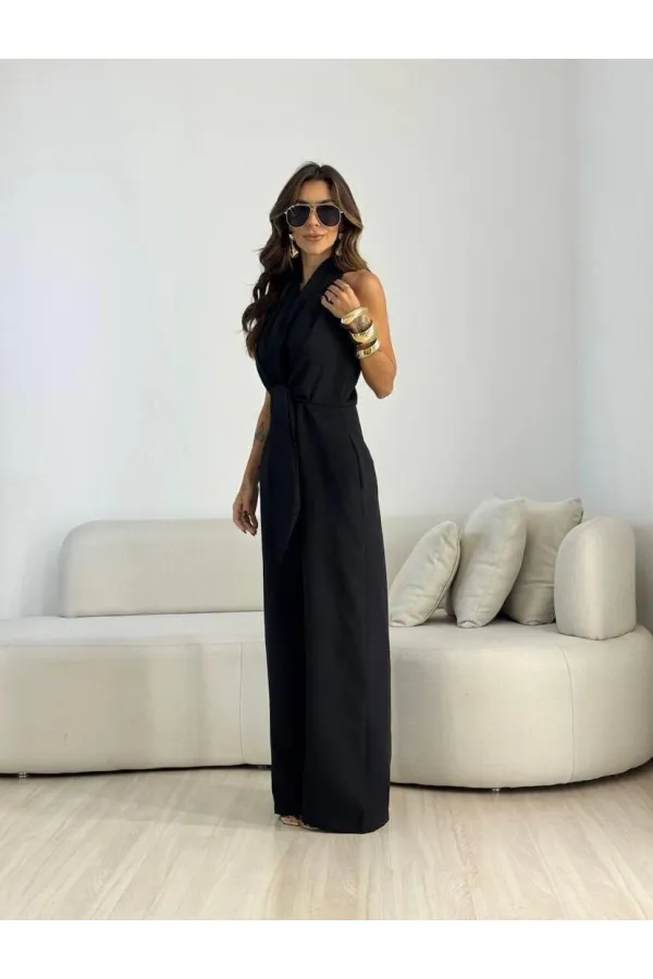 KUŞAK DETAYLI KISA KOLLU TULUM